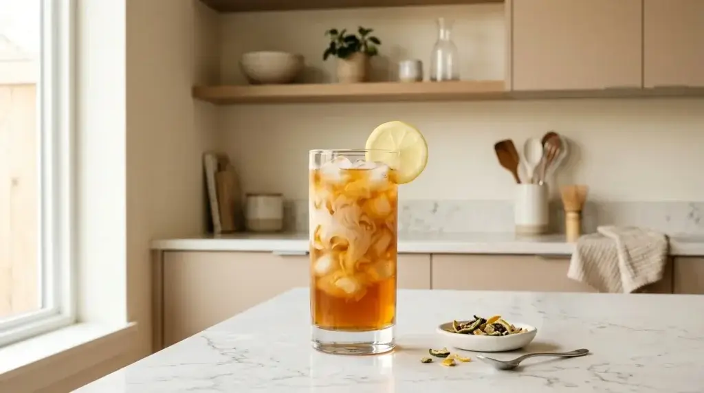 iced earl grey tea — tall glass of cold amber earl grey tea with lemon and oat milk swirl on white kitchen counter