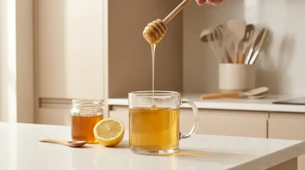 raw honey in sore throat tea — honey dipper drizzling golden raw honey into glass mug of tea on white kitchen counter