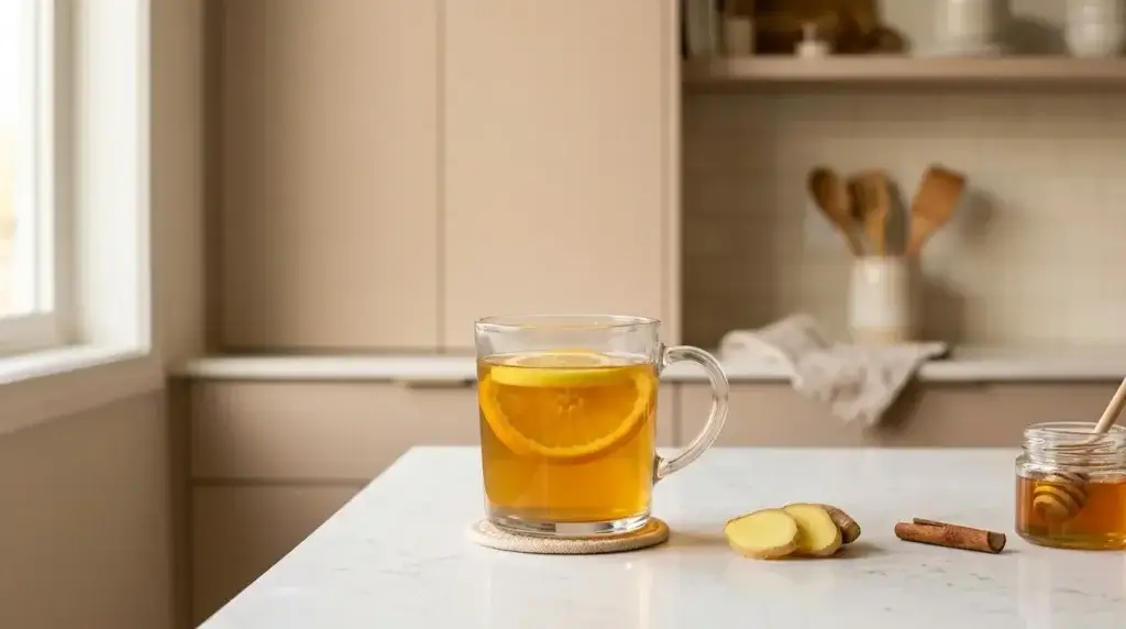 sore throat tea remedy recovery — golden amber ginger lemon tea with honey and fresh ginger as natural recovery remedy on white kitchen counter