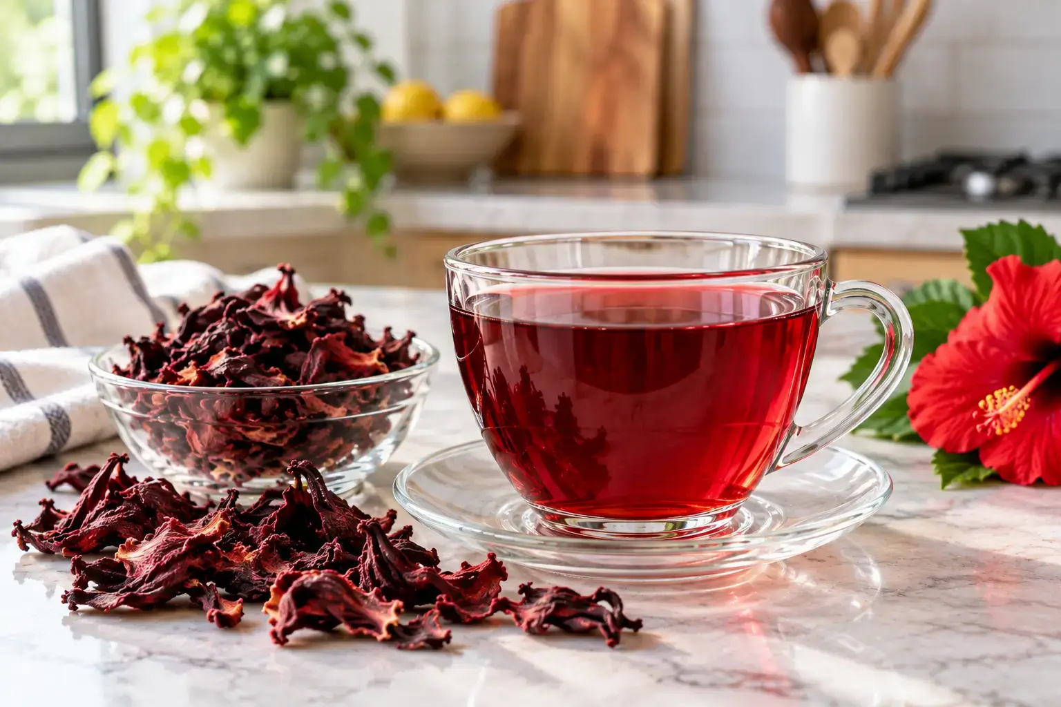 Hibiscus tea and dried hibiscus flowers containing natural oxalates