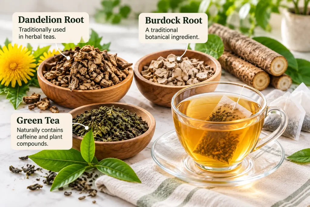 Botanical ingredients illustrating the discussion of dandelion, burdock and green tea