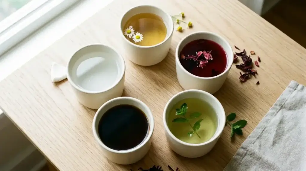 variety of caffeine-free drinks including herbal teas and coconut water