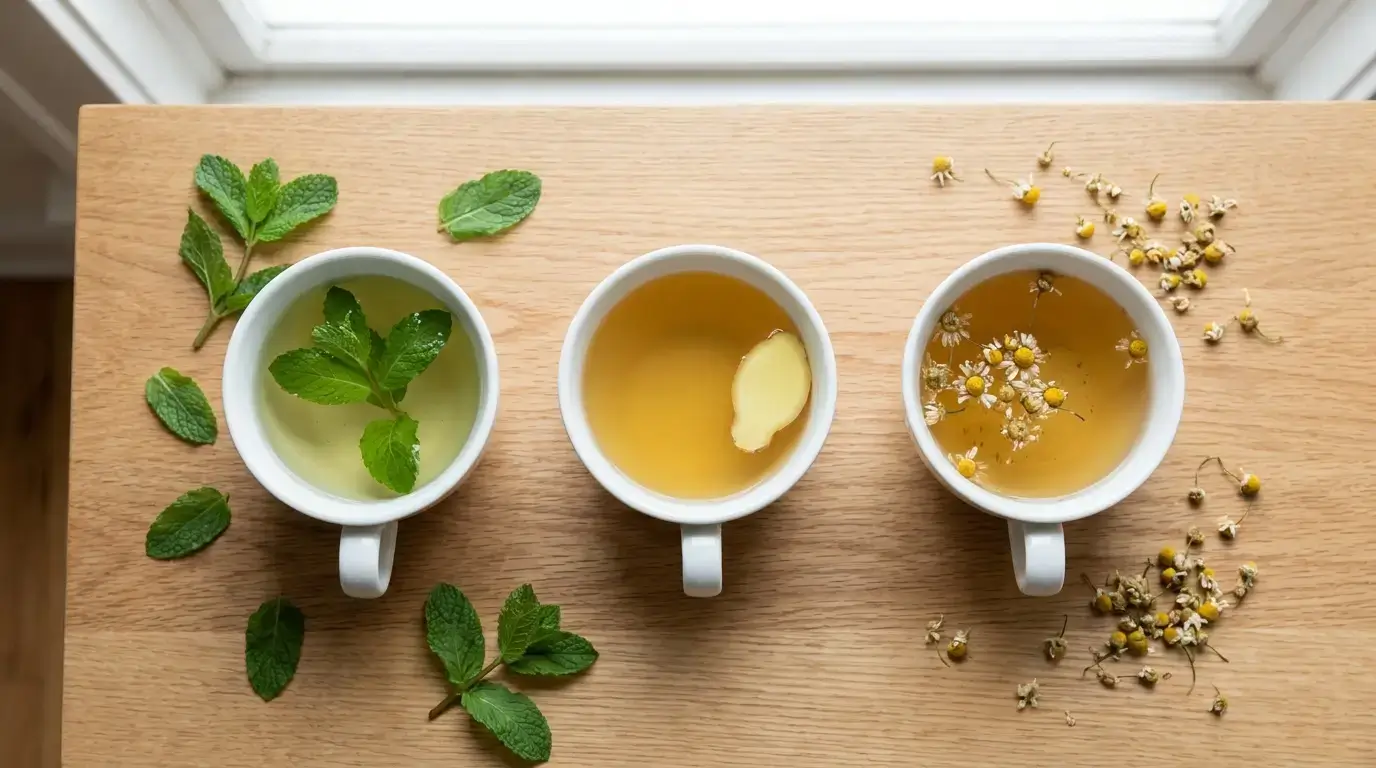 "three herbal teas for digestion — peppermint, ginger, and chamomile tea