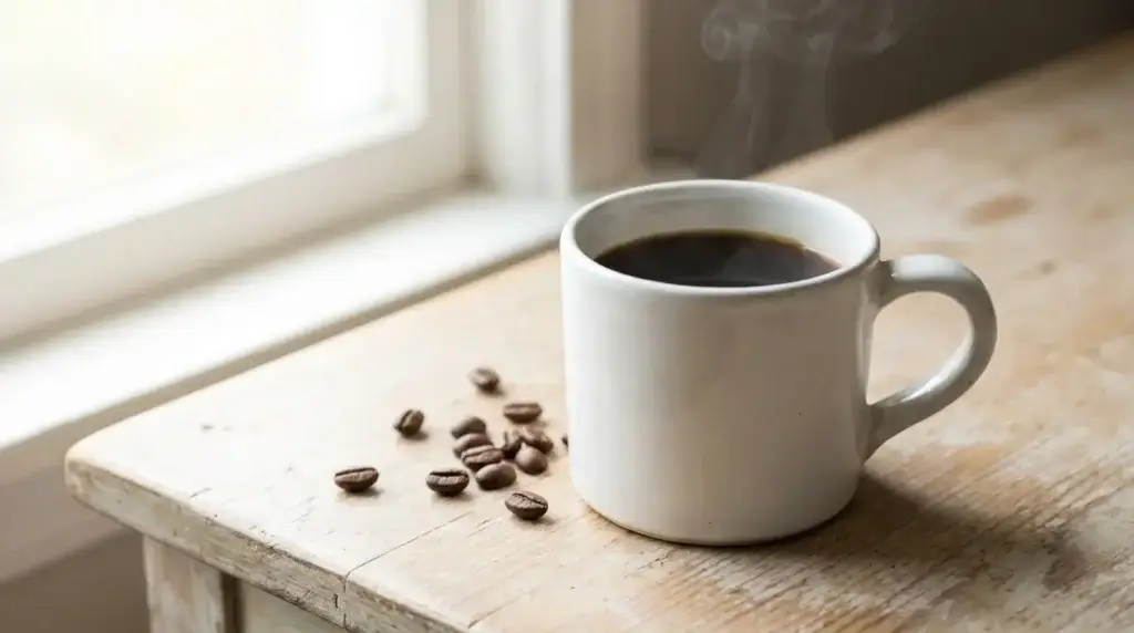 cup of black coffee with visible steam on a wooden table