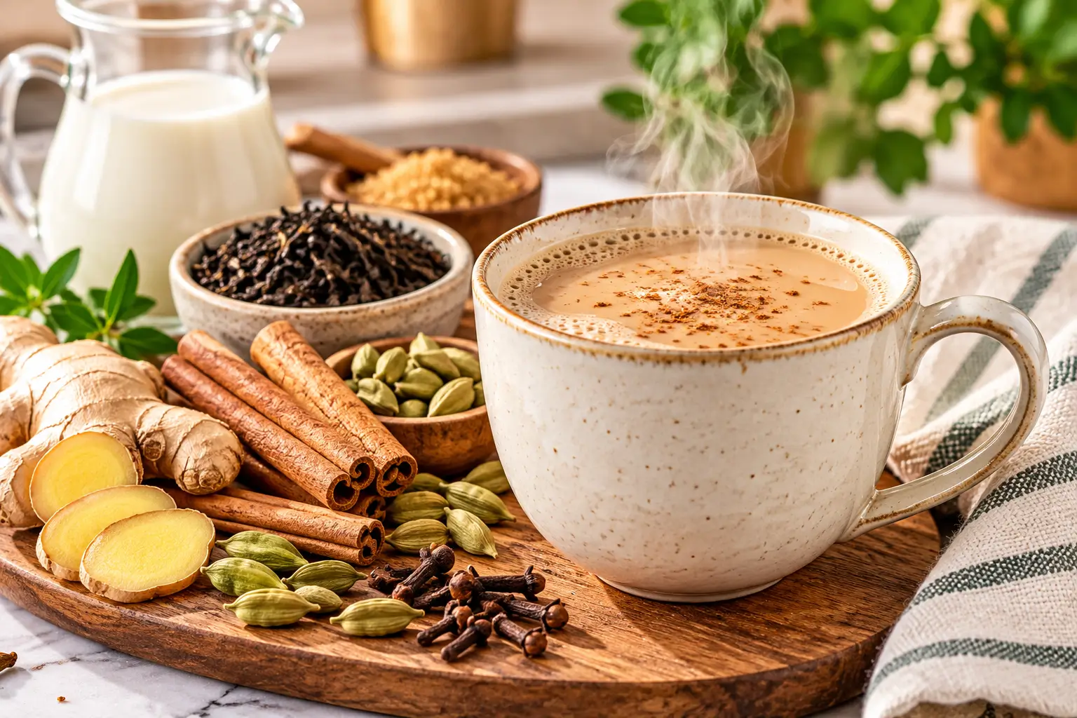 Homemade chai tea with ginger, cinnamon, cardamom and cloves