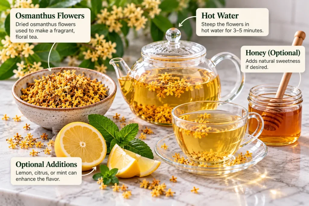 Osmanthus tea ingredients with dried flowers, hot water and honey