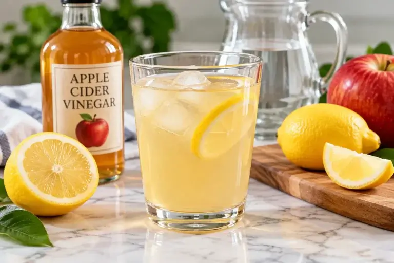 Apple cider vinegar and lemon juice drink in a glass with fresh lemon