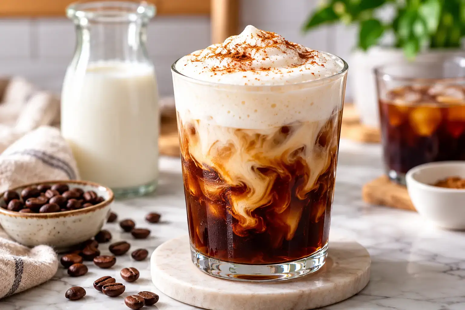 Homemade cold foam on iced coffee