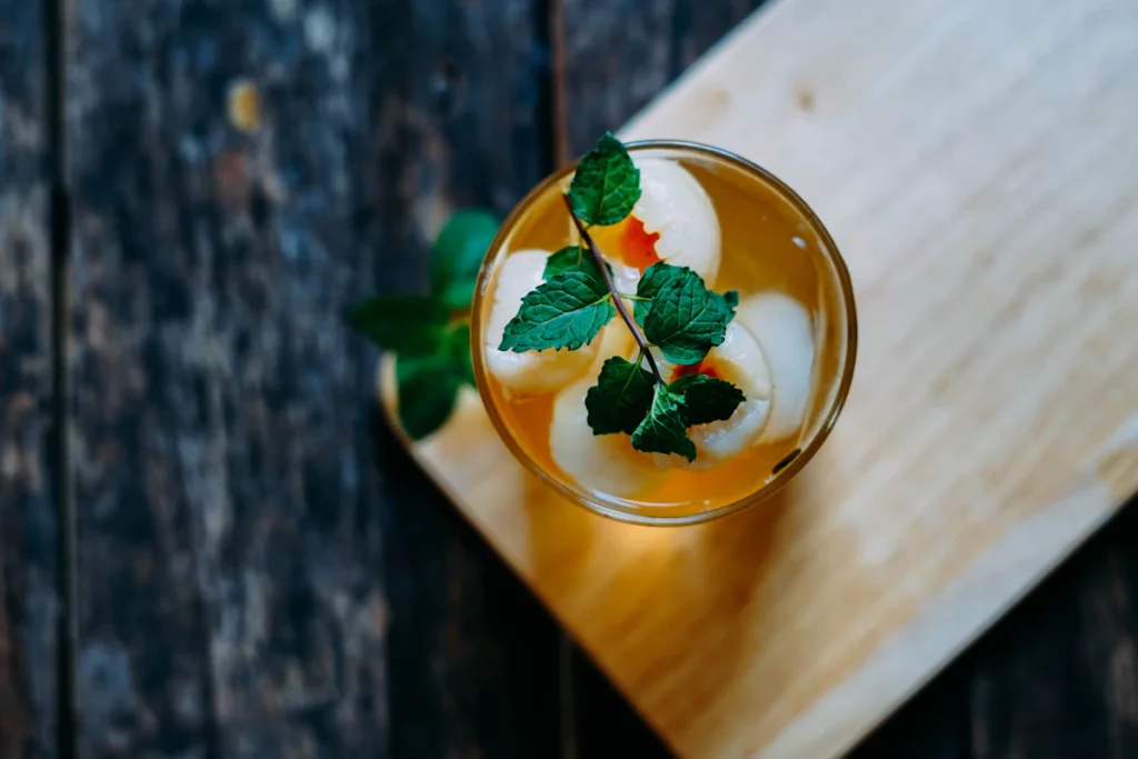 Peach oolong tea served in a glass