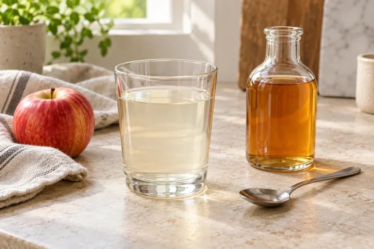 Pale apple cider vinegar drink beside a bottle of vinegar, a red apple and a spoon
