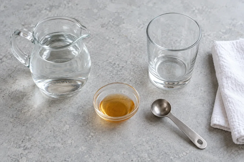 Water jug, apple cider vinegar in a small dish, measuring spoon and empty glass