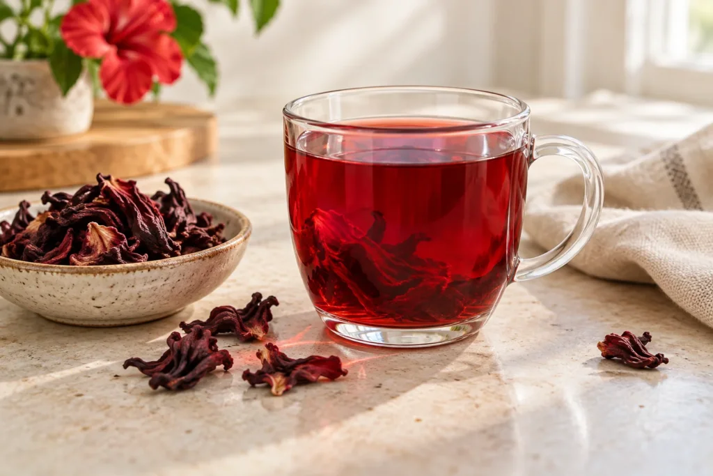 Ruby red hibiscus tea in a glass mug beside dried roselle calyces