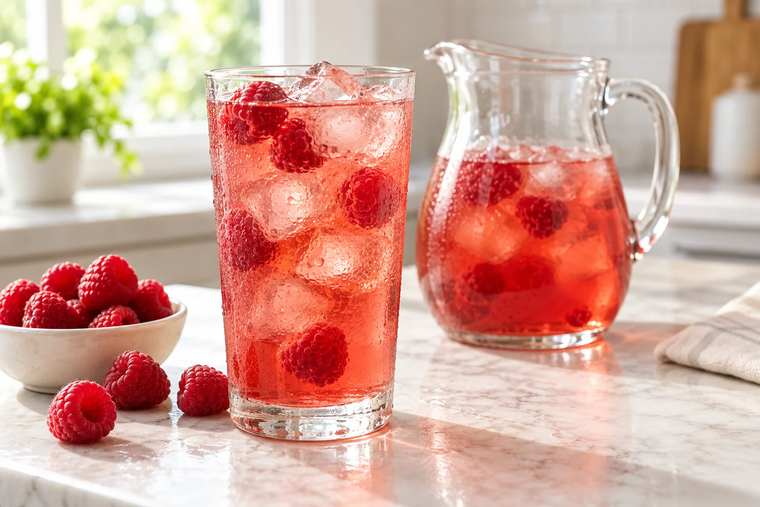Iced raspberry fruit tea with ice cubes and fresh raspberries