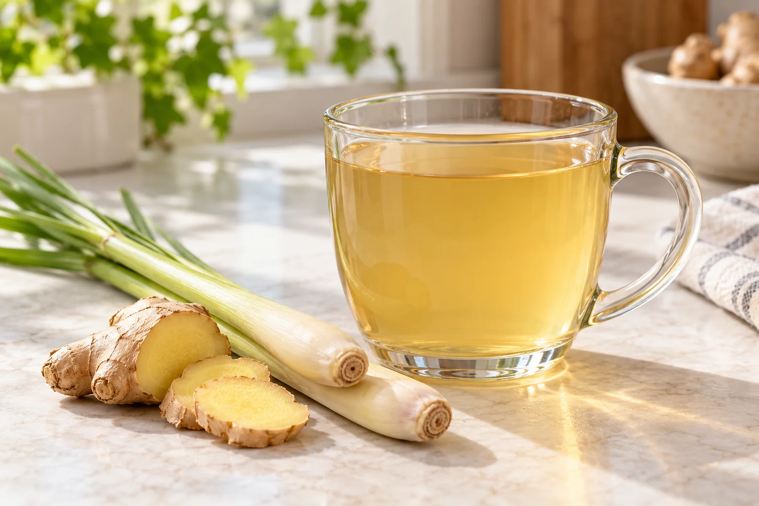 Warm lemongrass and ginger tea in a glass mug with fresh ingredients