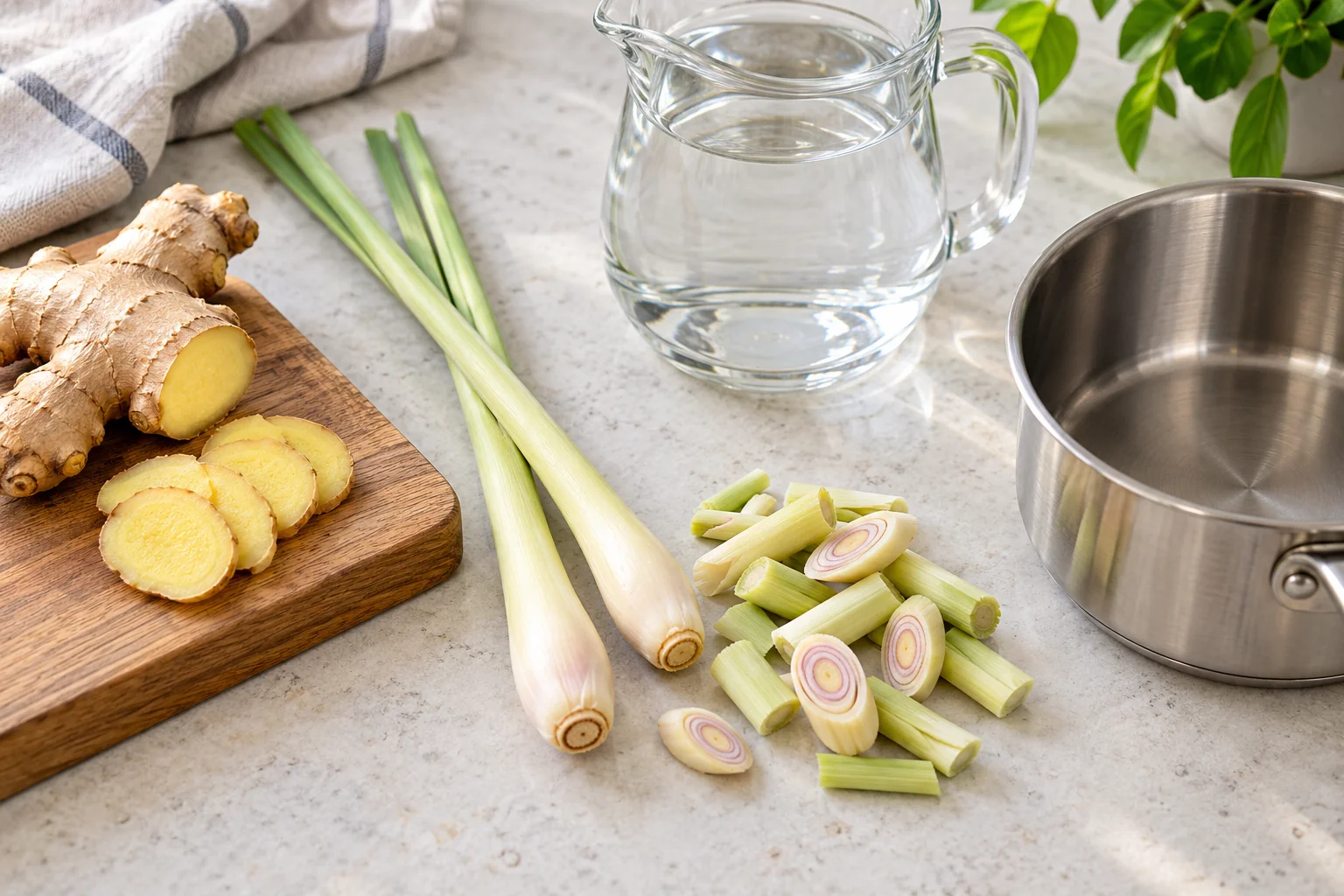 Fresh lemongrass stalks, sliced ginger and water for homemade herbal tea