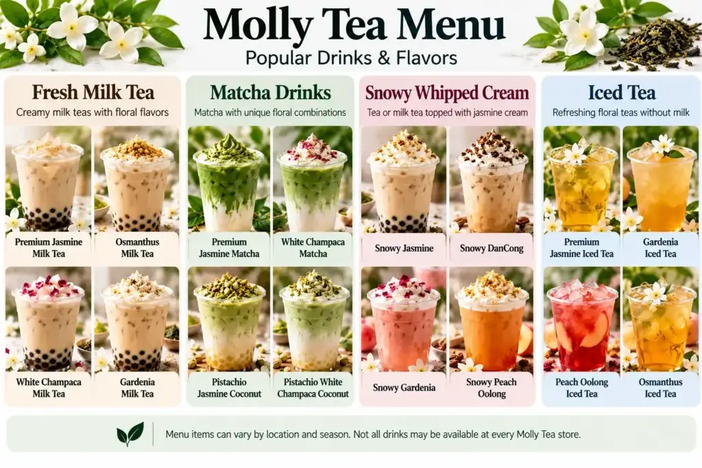 Molly Tea menu with popular milk tea, matcha and iced tea drinks