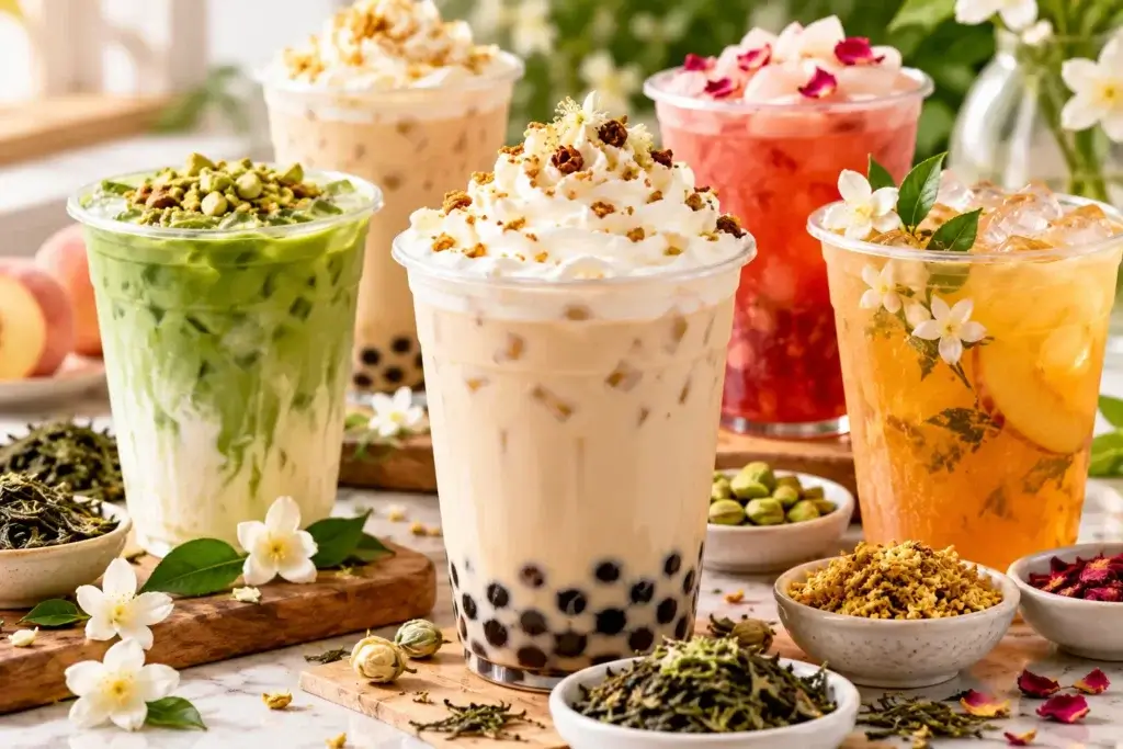 Illustration of floral milk tea, matcha and iced tea drinks