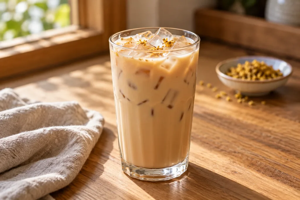 Iced osmanthus oolong milk tea in a tall glass with a few golden flower petals