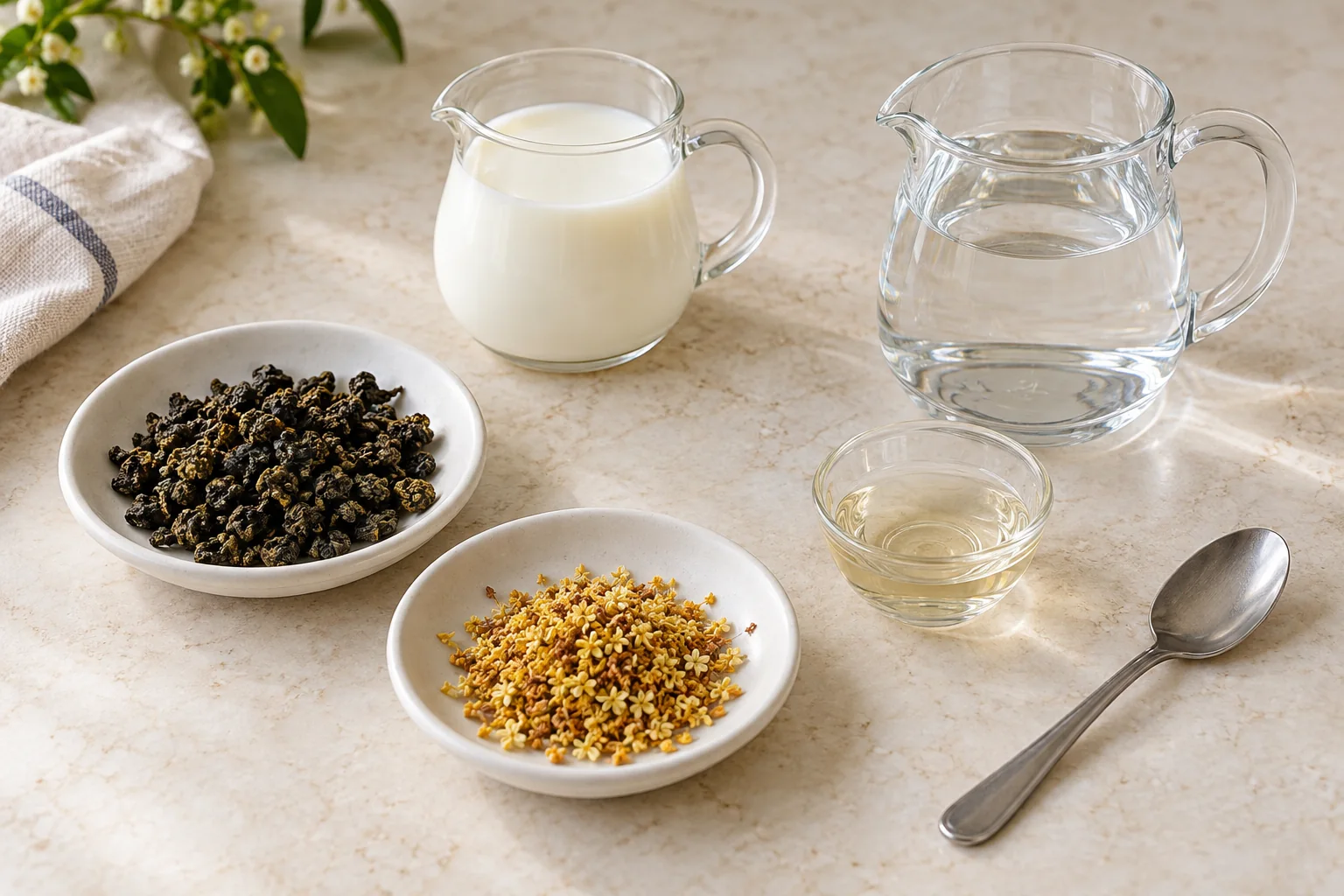 Oolong tea leaves, dried osmanthus flowers, milk, water and simple syrup arranged on a counter