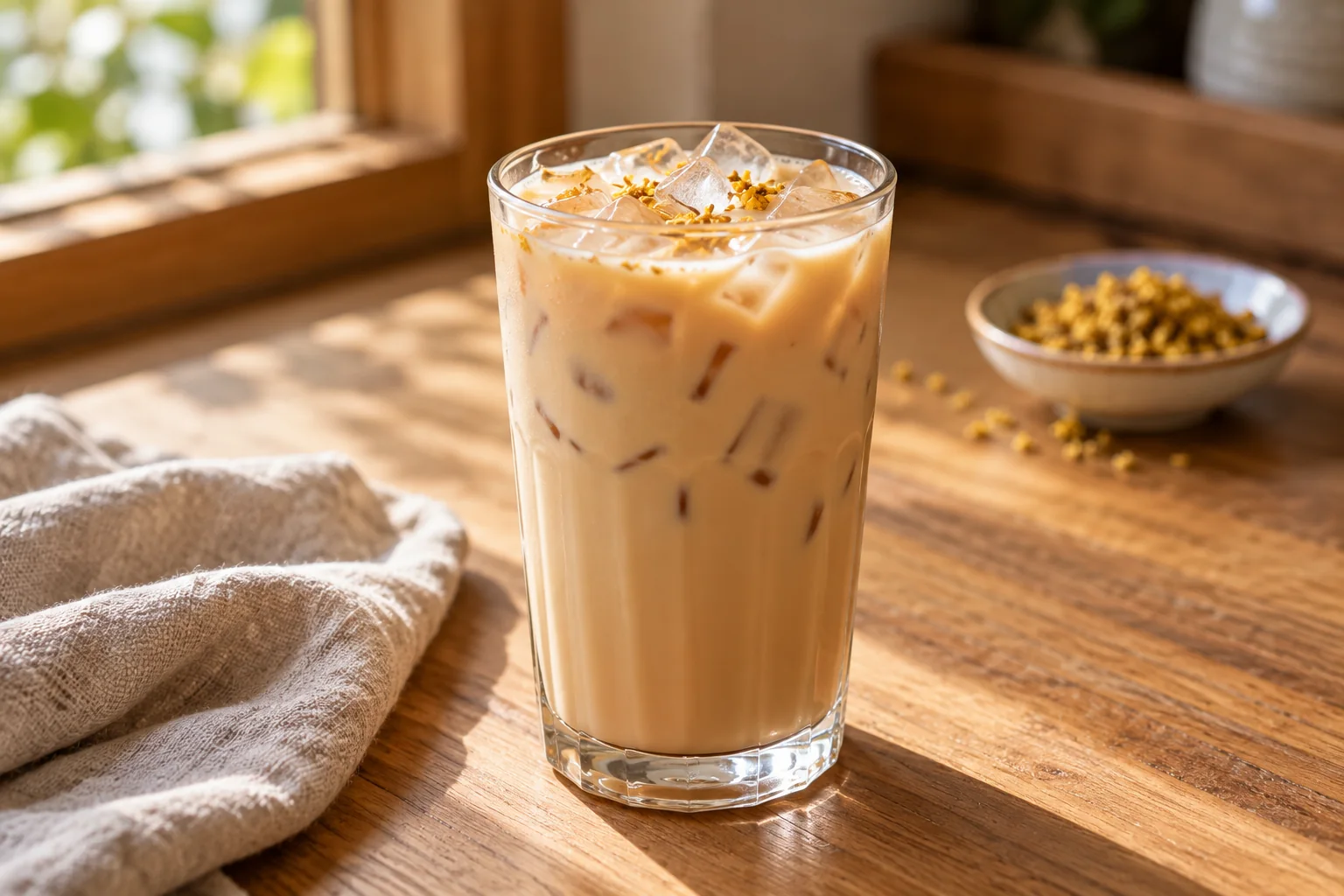 Iced osmanthus oolong milk tea in a tall glass with a few golden flower petals