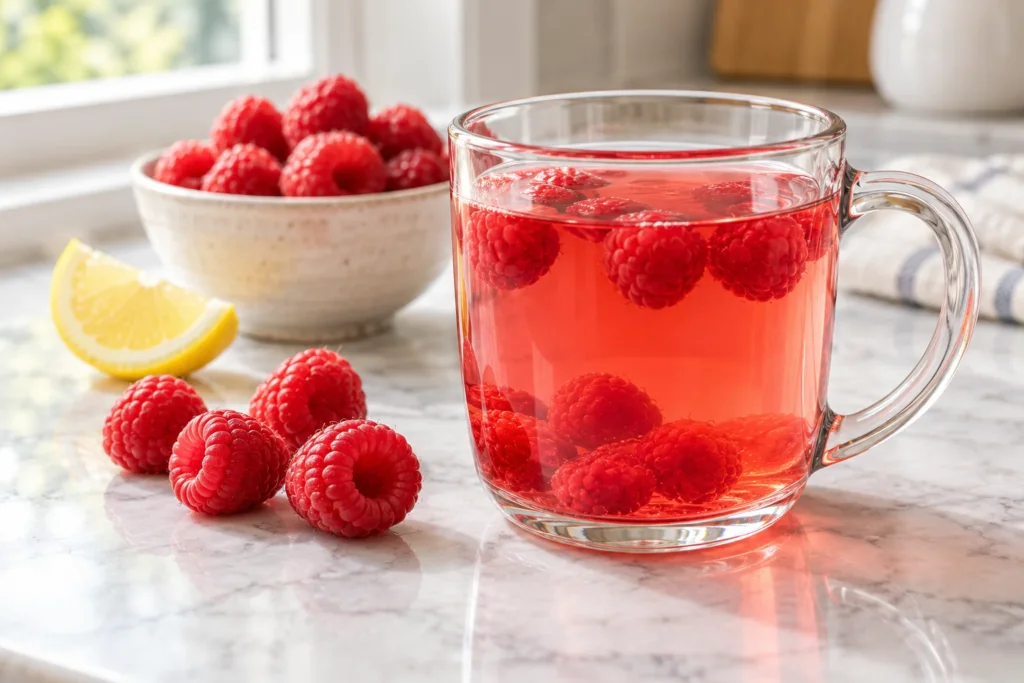 Warm raspberry fruit tea in a clear glass mug with fresh raspberries