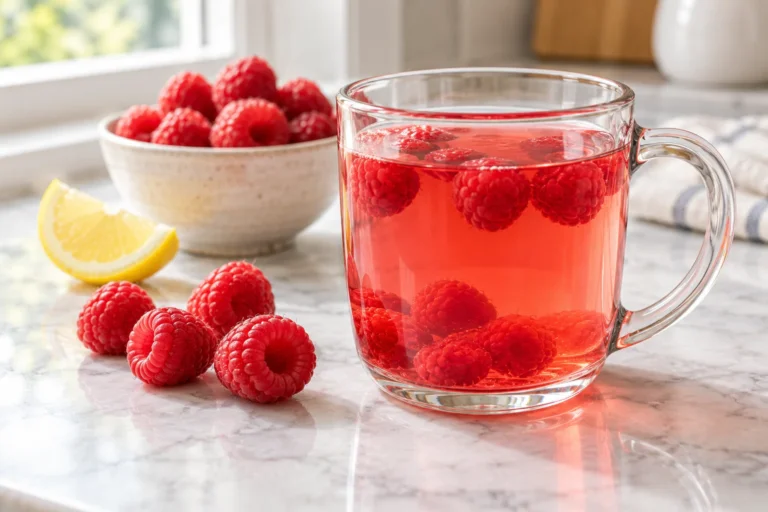 Warm raspberry fruit tea in a clear glass mug with fresh raspberries